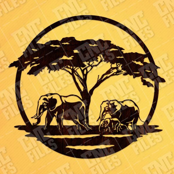 Elephant family walking towards a water - DXF SVG EPS AI CDR